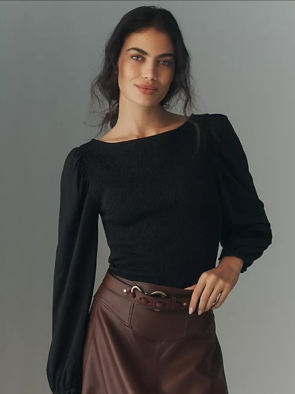 Anthropologie Black Puff-Sleeve Smocked Blouse
